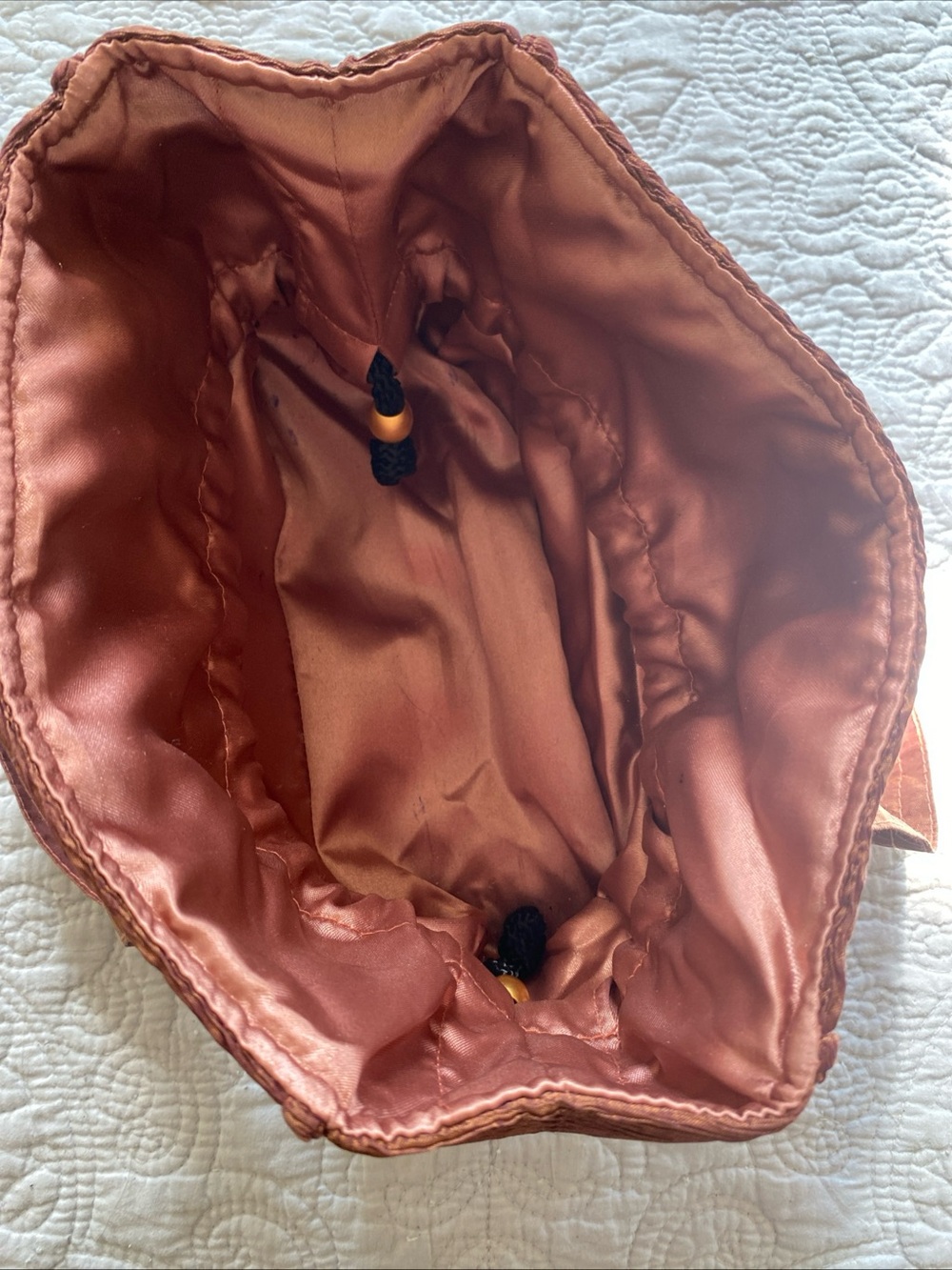Jim Thompson Silk Mini Tote in Iridescent Rust Brown/ Deep Blush Pink Drawstring - Picture 10 of 16